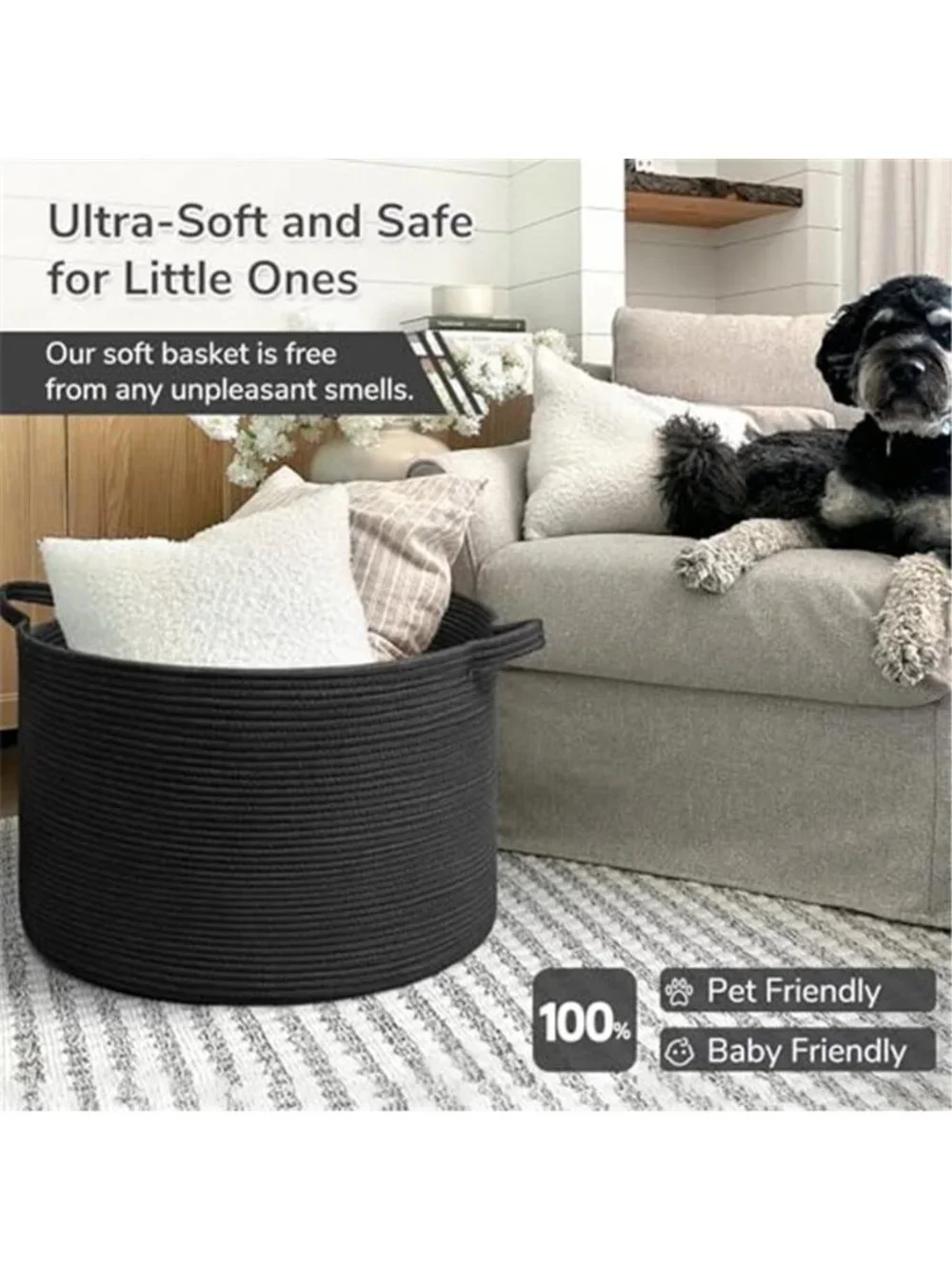 New XXXLarge Woven Rope Blanket Basket Living Room Black, 90L